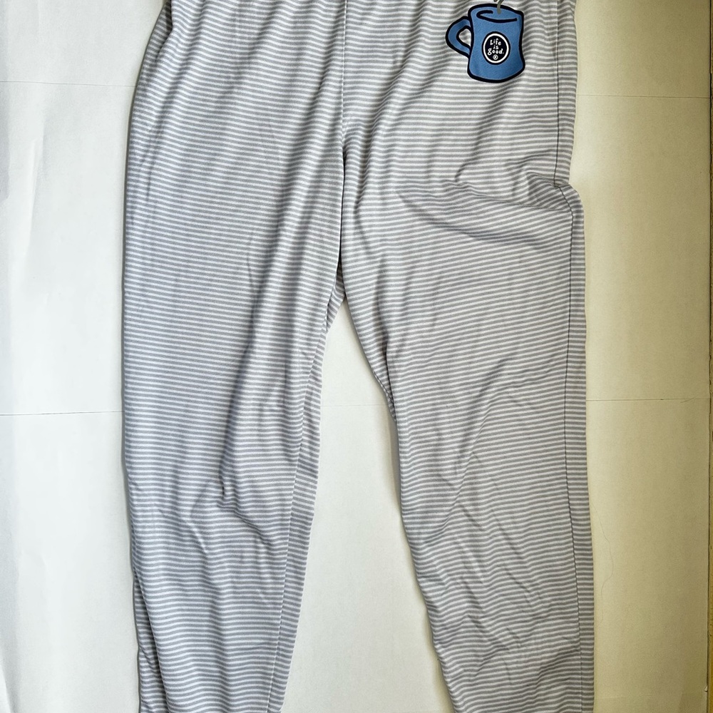 Life Is Good Gray Striped Pajama Pants with Blue Mug Design